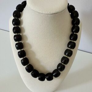 Vintage Chunky Black Beaded Necklace with Small Gold Tone Beads